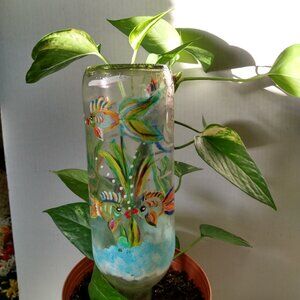 Plant Self Watering Bottle Hand Painted Wine Bottle Art Home Decor Fish Nautical